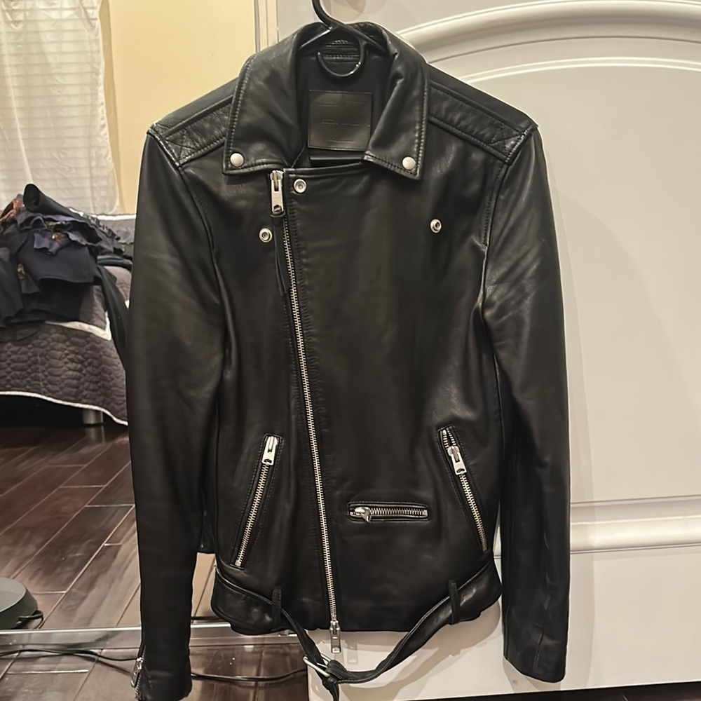 All Saints Black Leather Moto Jacket Asymmetrical Zipper